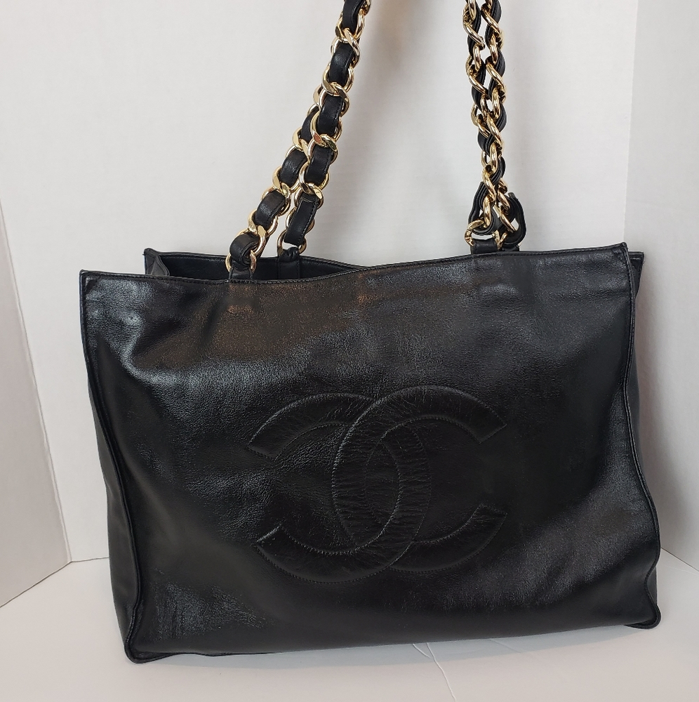 Vintage Chanel CC Logo Tote with Gold Chain Staps